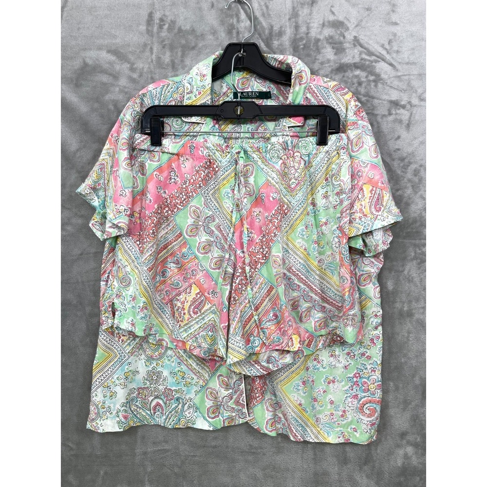Lauren Ralph Lauren Pajama Set Size L Paisley 2 Piece Shorts + Button Down Top
